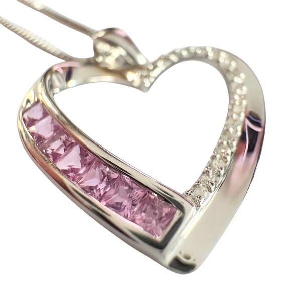 Pink & White Heart Necklace with Lab Created Sapphires - Sterling Silver - Picture 2 of 14